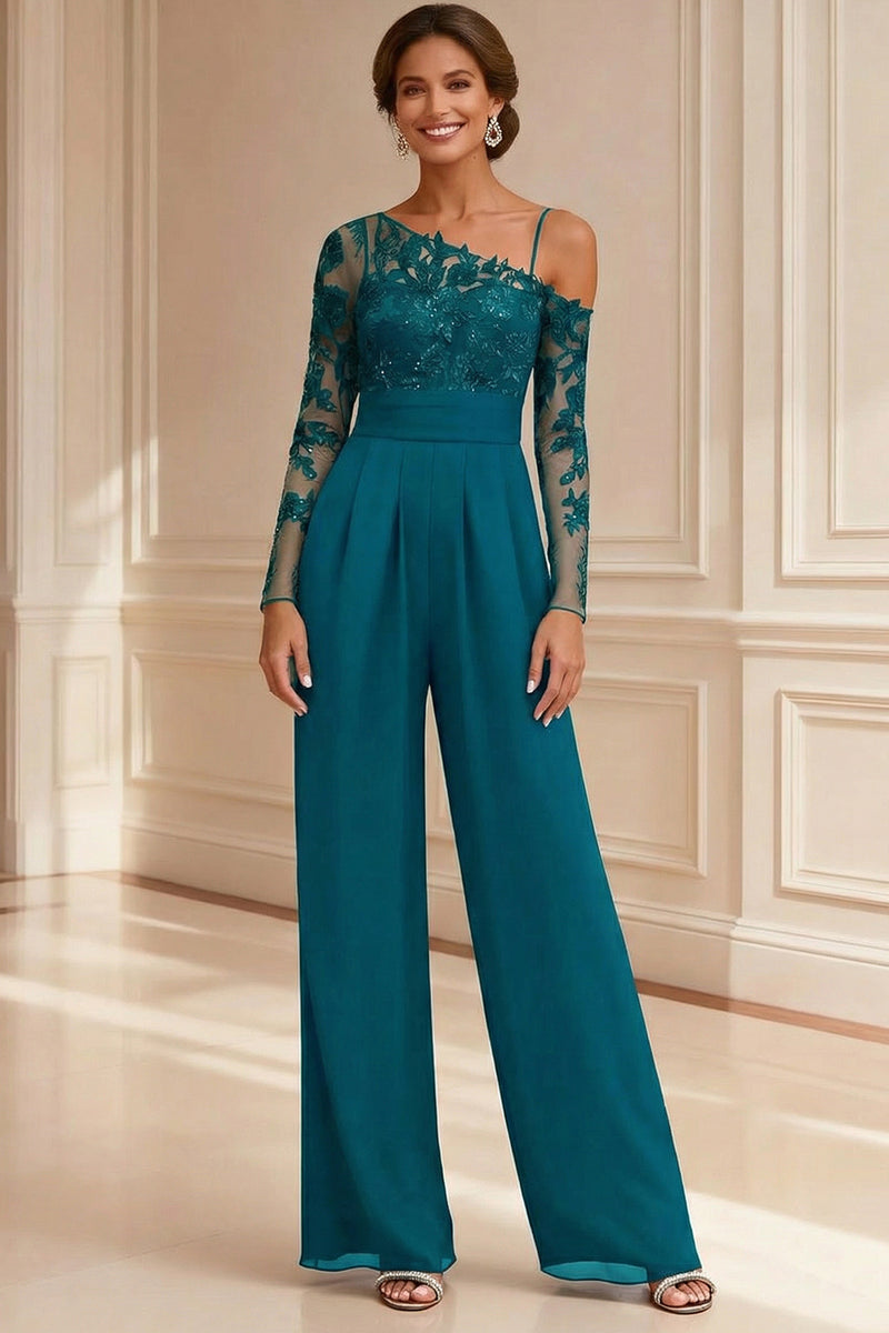 Load image into Gallery viewer, Sparkly Navy Beaded Asymmetrical Neck Long Mother of the Bride Jumpsuits with Lace