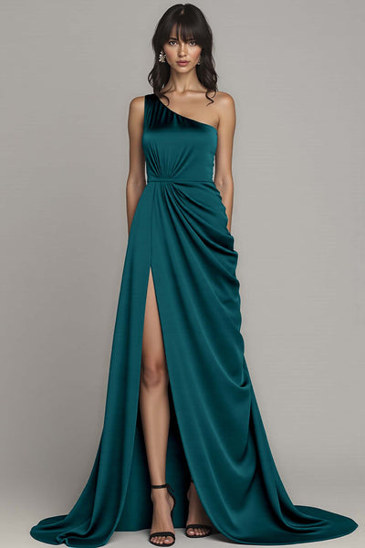 Satin Peacock A Line One Shoulder Long Formal Dress with Slit