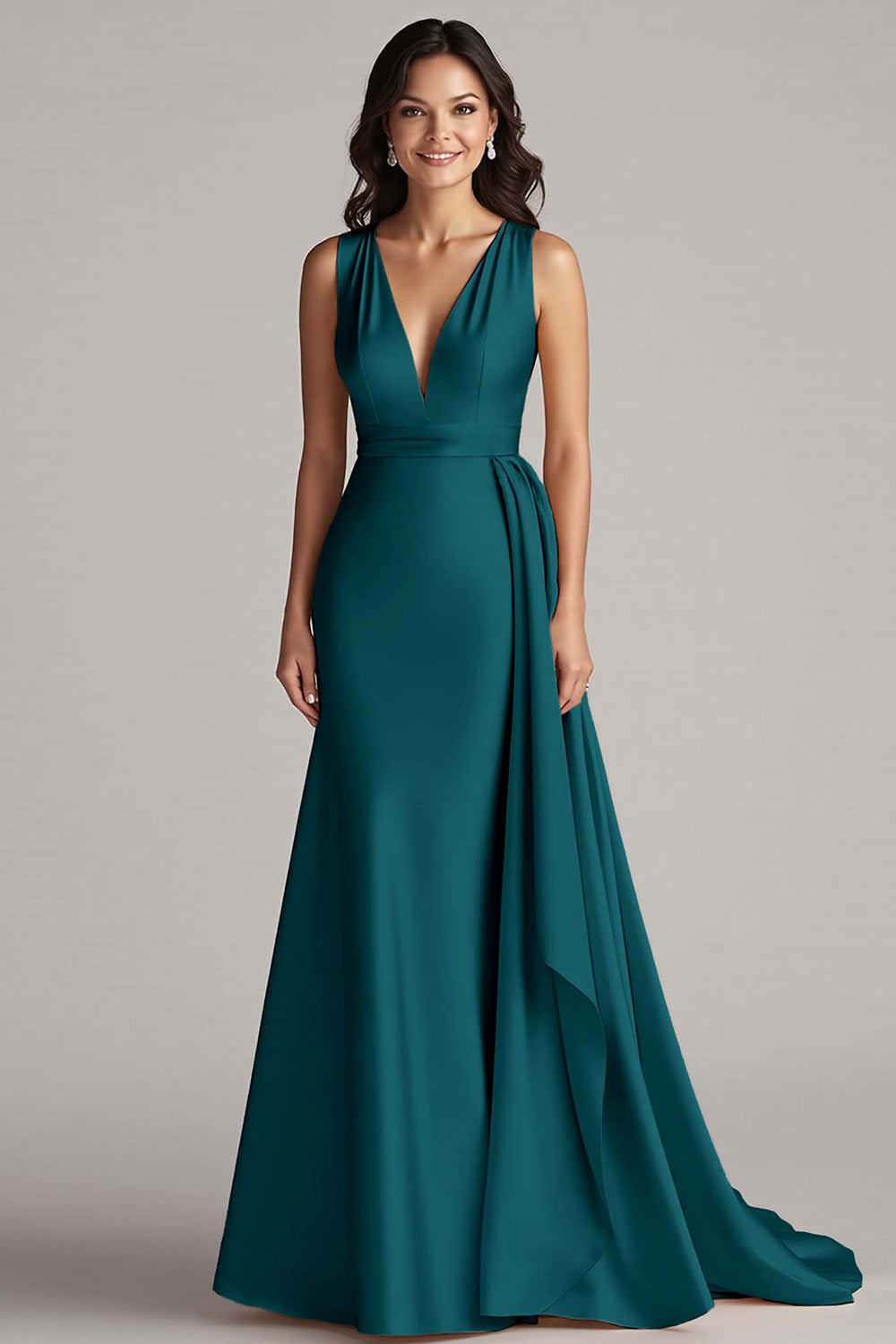 Peacock Mermaid Deep V-Neck Long Satin Formal Dress