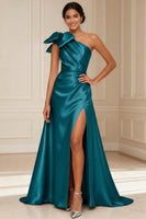 Load image into Gallery viewer, Silver Satin One Shoulder A Line Long Mother of the Bride Dress with Bow