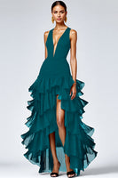 Load image into Gallery viewer, Black Ruffled Deep V-Neck A Line Long Formal Dress with Slit
