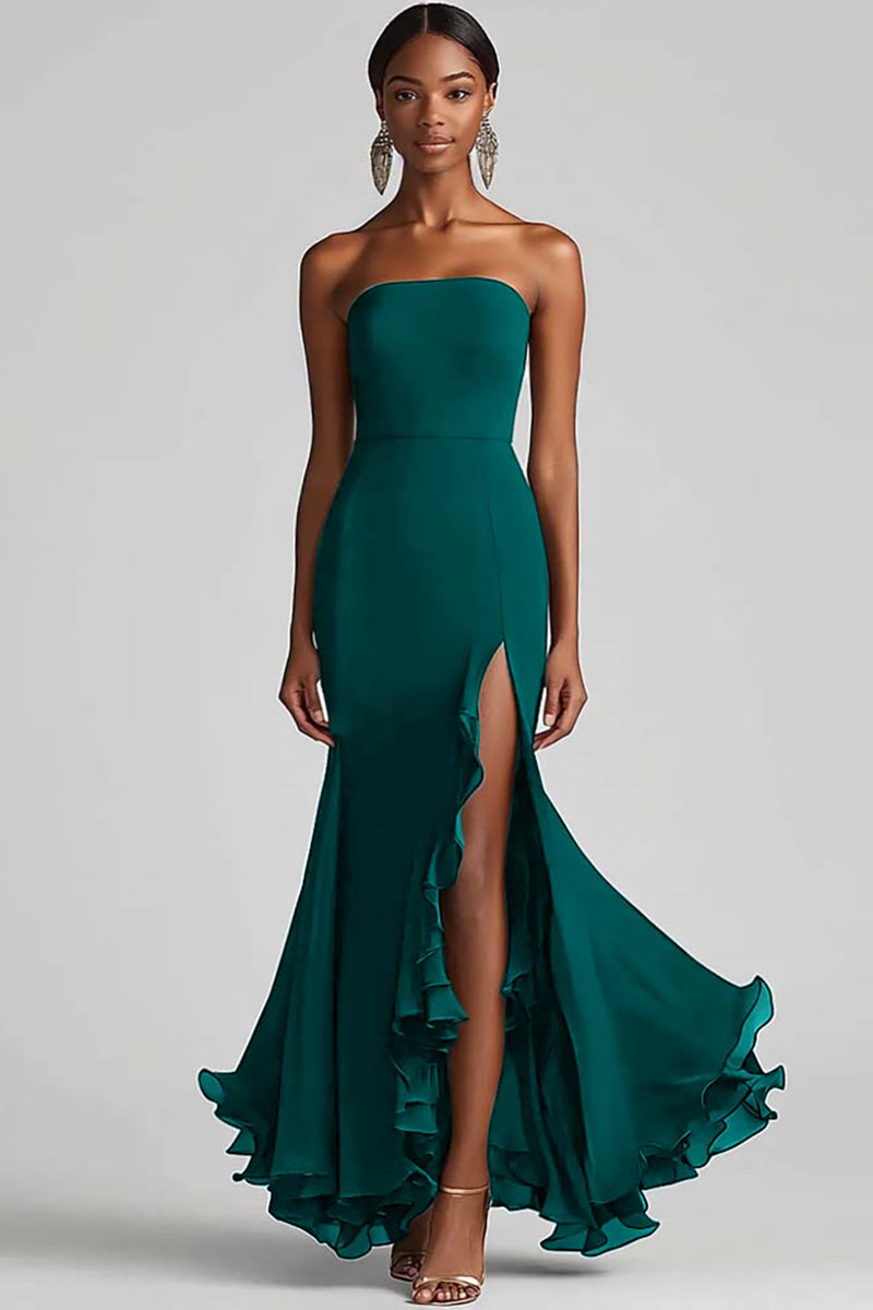 Load image into Gallery viewer, Strapless Sheath Chiffon Long Black Tie Dress with Slit