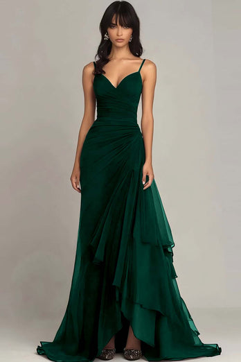 Ink Blue Spaghetti Straps Ruched Chiffon Long Formal Dress with Ruffles