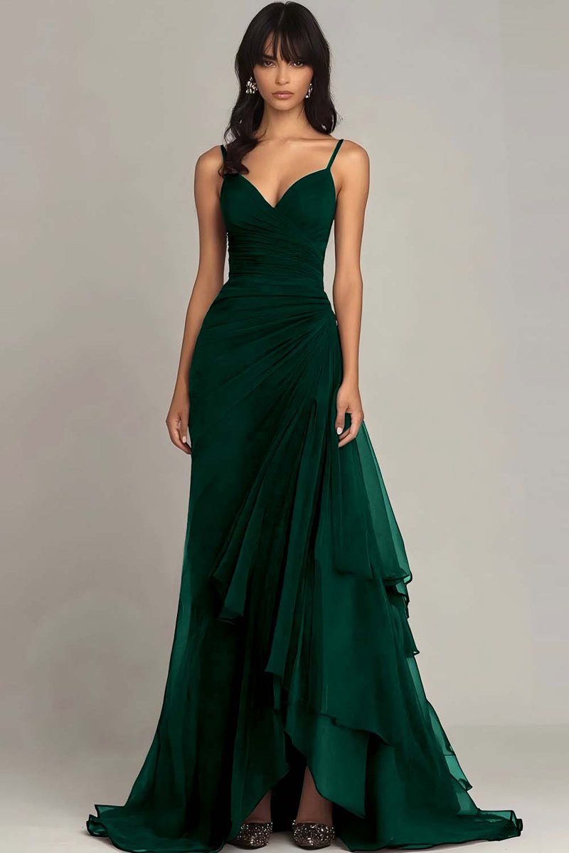 Load image into Gallery viewer, Ink Blue Spaghetti Straps Ruched Chiffon Long Formal Dress with Ruffles