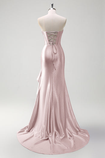 Sparkly Fuchsia Corset Long Satin Prom Dress with Ruffles Slit