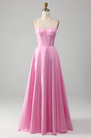 Load image into Gallery viewer, Glitter Pink A Line Spaghetti Straps Backless Long Corset Prom Dress