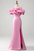 Load image into Gallery viewer, Pink Mermaid Floral Off the Shoulder Long Prom Dress With Slit