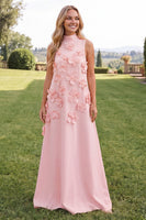 Load image into Gallery viewer, Blue A Line Floral High Neck Long Formal Dress