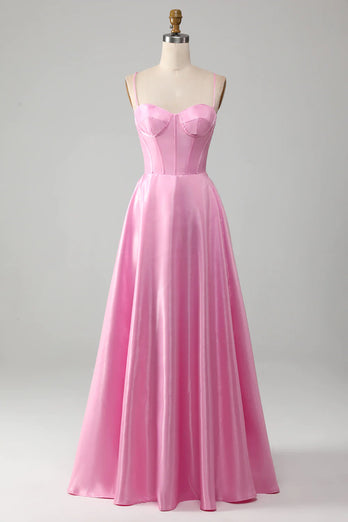 Glitter Pink A Line Spaghetti Straps Backless Long Corset Prom Dress