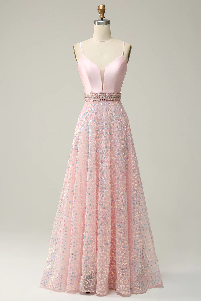 Load image into Gallery viewer, Spaghetti Straps Pink A-Line Long Prom Dress