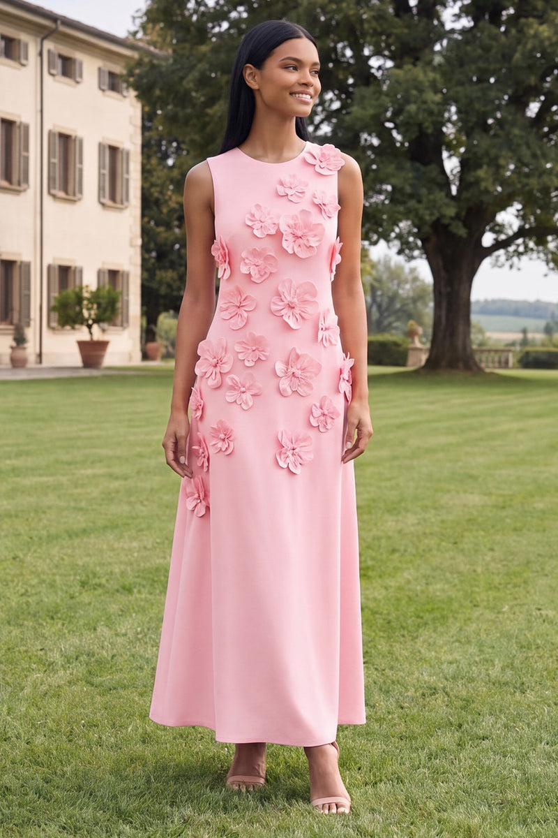 Load image into Gallery viewer, Hot Pink Round Neck A Line Floral Maxi Formal Dress