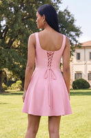 Load image into Gallery viewer, Blue Floral Square Neck A Line Short Homecoming Dress with Pockets