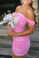 Load image into Gallery viewer, Black Satin Tight Off the Shoulder Mini Party Dress