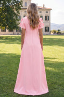 Load image into Gallery viewer, Round Neck Blue Floral A Line Long Formal Dress with Sleeves