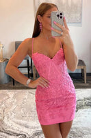 Load image into Gallery viewer, Pink Spaghetti Straps Bodycon Homecoming Dress with Appliques