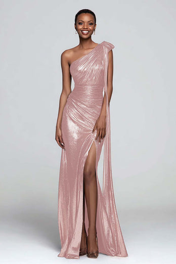 Sparkly Brown Metallic Ruched One Shoulder Long Formal Dress with Slit