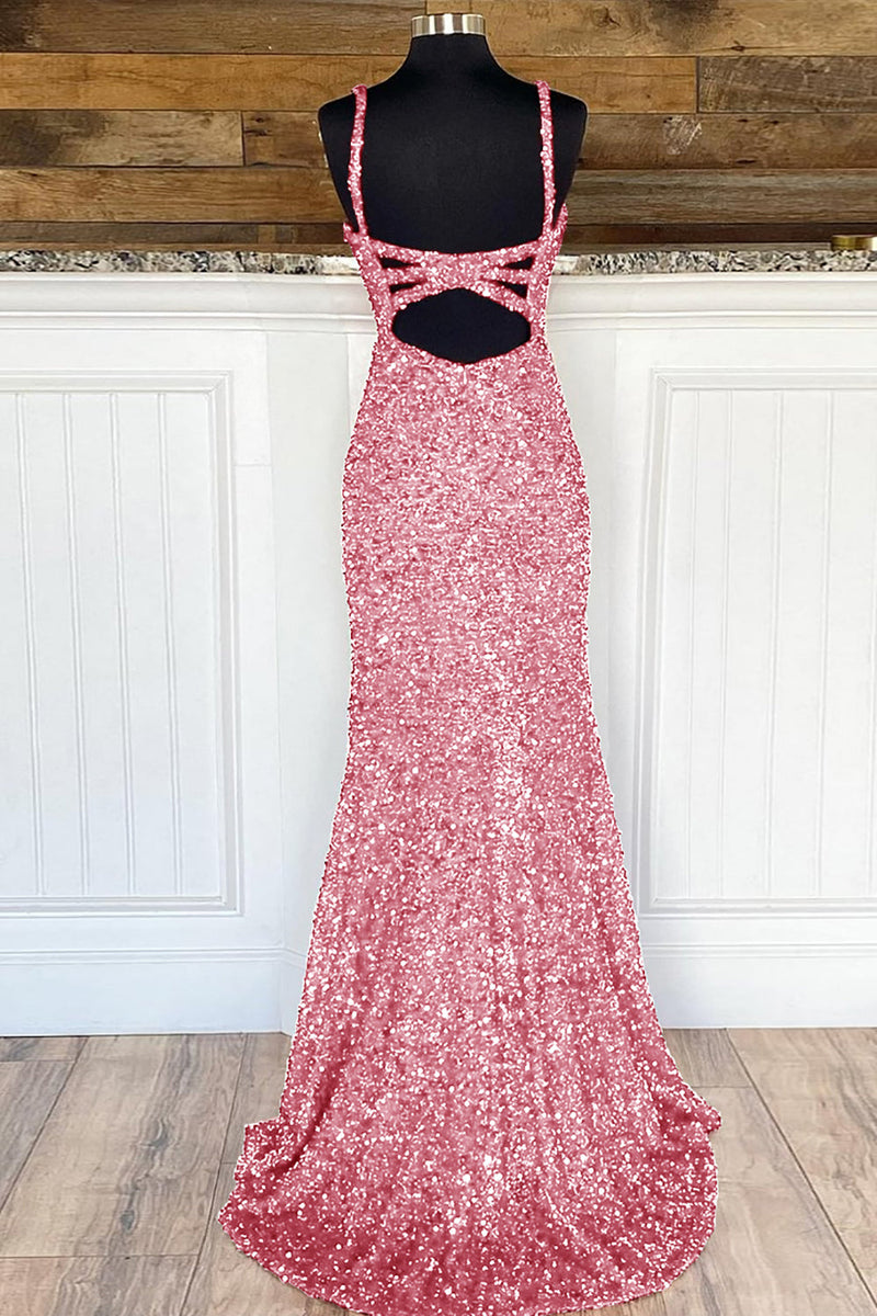 Load image into Gallery viewer, Sheath Spaghetti Straps Dark Green Sequins Prom Dress with Split Front