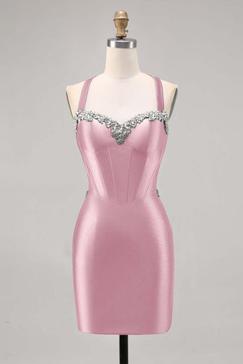 Sparkly Green Satin Corset Tight Short Homecoming Dress with Beading
