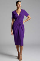 Load image into Gallery viewer, Champagne Bodycon V-Neck Midi Satin Work Dress with Sleeves