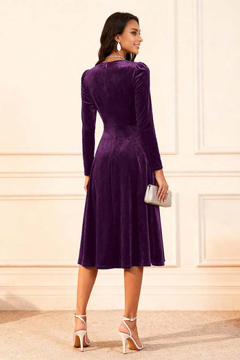 Glitter Dark Green Velvet A Line Midi Holiday Party Dress with Sleeves