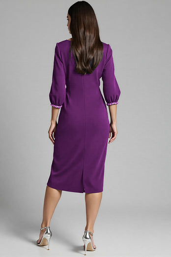 Navy Satin V-Neck Bodycon Midi Work Dress