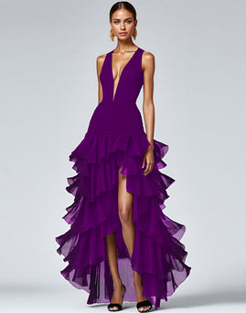 A Line Royal Blue Sleeveless V-Neck Tiered Long Formal Dress with Slit