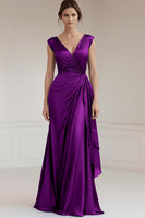 Load image into Gallery viewer, Peacock V-Neck Sheath Satin Long Formal Dress with Ruffles