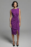 Load image into Gallery viewer, Grey Bodycon Satin Ruched Midi Work Dress with Slit