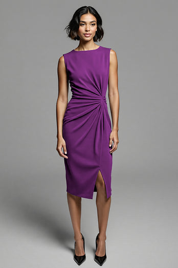 Grey Bodycon Satin Ruched Midi Work Dress with Slit