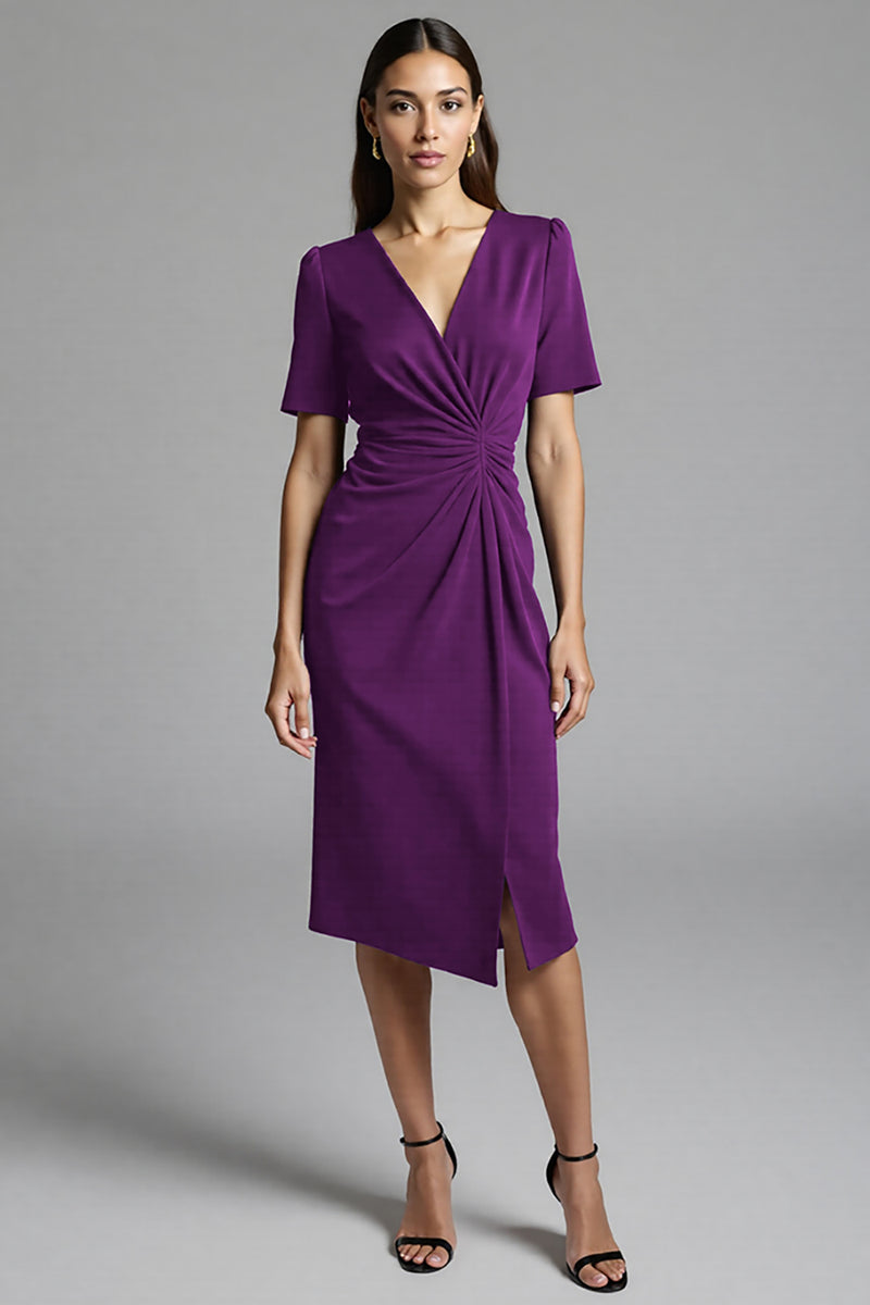 Load image into Gallery viewer, Navy Bodycon Satin V-Neck Midi Work Dress with Sleeves