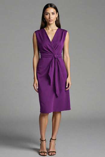 Navy Bodycon Satin V-Neck Midi Work Dress with Ruffles