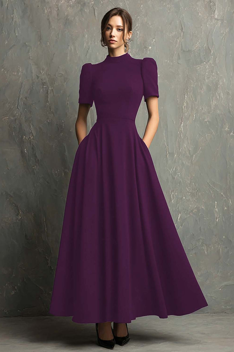 Load image into Gallery viewer, Elegant Black A-Line High Neck Short Sleeves Long Formal Dress with Pockets