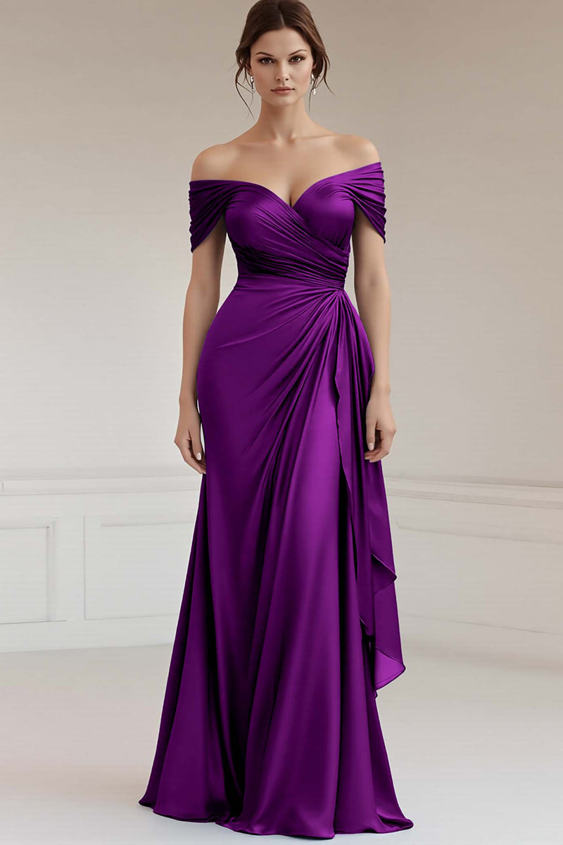 Load image into Gallery viewer, Peacock Sheath Satin Off the Shoulder Long Formal Dress
