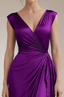Load image into Gallery viewer, Peacock V-Neck Sheath Satin Long Formal Dress with Ruffles