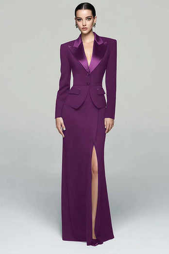 2 Piece Black Peak Lapel Pencil Long Blazer Dress with Slit