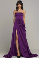 Load image into Gallery viewer, Black Strapless Satin A Line Long Formal Dress with Slit