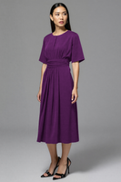 Load image into Gallery viewer, Navy Satin A Line Ruched Midi Work Dress