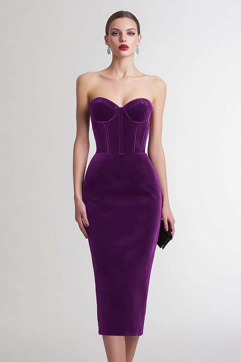 Load image into Gallery viewer, Burgundy Velvet Sweetheart Bodycon Midi Corset Holiday Party Dress