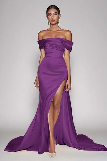Dark Green Satin Off the Shoulder Sheath Long Prom Dress with Slit