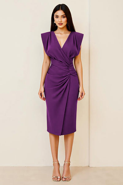 Plum Sheath V-Neck Ruched Long Formal Dress