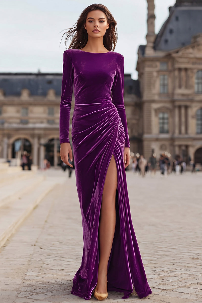 Load image into Gallery viewer, Caramel Sheath Velvet Long Holiday Party Dress with Sleeves