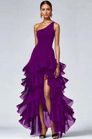 Load image into Gallery viewer, Queendancer Women Black Organza High Low Formal Dress with Ruffles A Line Tiered One Shoulder Black Tie Dress