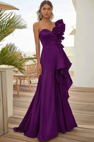 Load image into Gallery viewer, Black Satin One Shoulder A Line Long Prom Dress with Ruffles