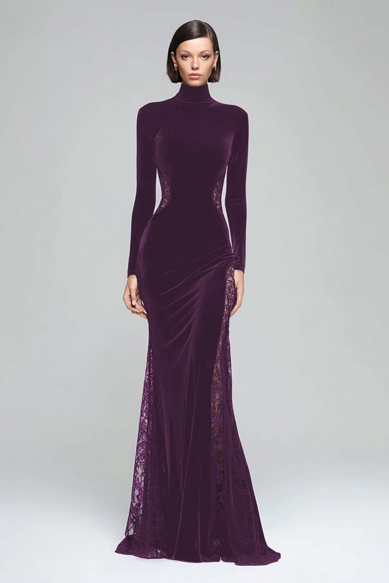 Black Velvet High Neck Mermaid Maxi Holiday Party Dress with Lace