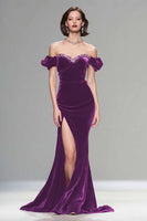 Load image into Gallery viewer, Sparkly Plum Off the Shoulder Velvet Long Holiday Party Dress with Beading