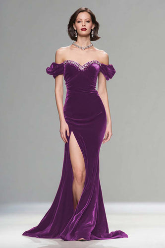 Sparkly Plum Off the Shoulder Velvet Long Holiday Party Dress with Beading