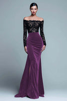 Load image into Gallery viewer, Black and Burgundy Velvet Mermaid Long Sleeves Holiday Party Dress with Lace