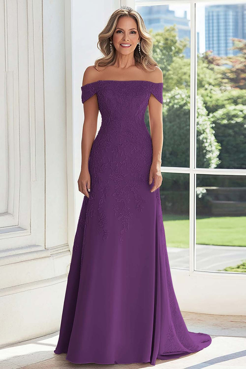 Load image into Gallery viewer, Off The Shoulder Taupe Sheath Mother of the Bride Dress with Lace