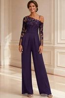 Load image into Gallery viewer, Sparkly Navy Beaded Asymmetrical Neck Long Mother of the Bride Jumpsuits with Lace