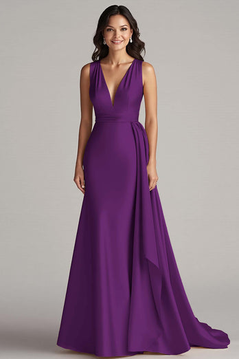 Peacock Mermaid Deep V-Neck Long Satin Formal Dress